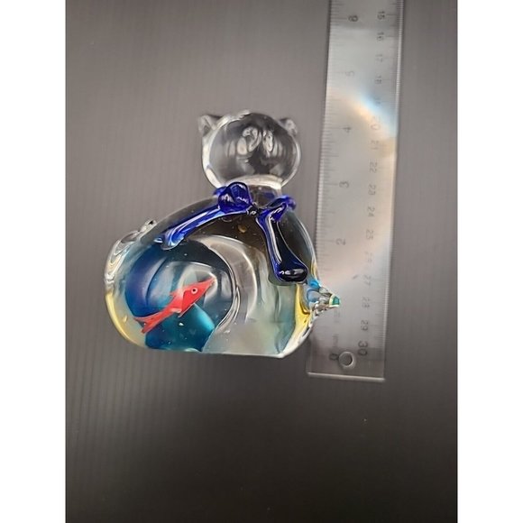 Vintage Clear‎ And Swirl Glass Cat Gold Fish Bowl Blue Paperweight Figure  4 In - Picture 7 of 10